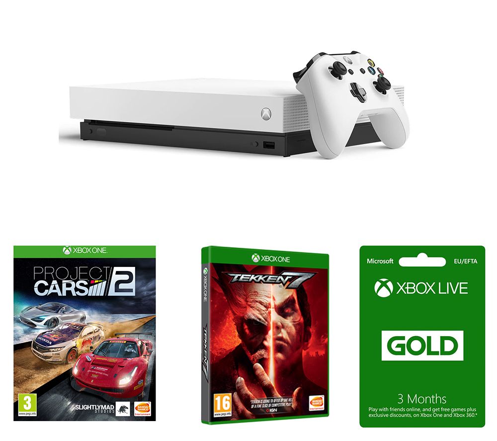 MICROSOFT Xbox One X, Xbox LIVE Gold Membership 3 Month Subscription, Tekken 7 & Project Cars 2 Bundle - White, Gold