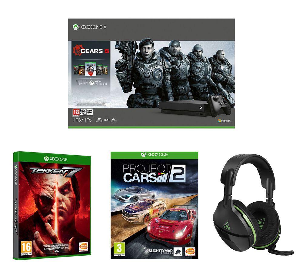 Microsoft Xbox One X with Gears 5, Tekken 7, Project Cars 2 & Stealth 600 Headset Bundle, Black