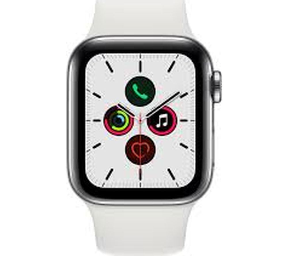 APPLE Watch Series 5 Cellular - Stainless Steel with White Sports Band, 40 mm, Stainless Steel