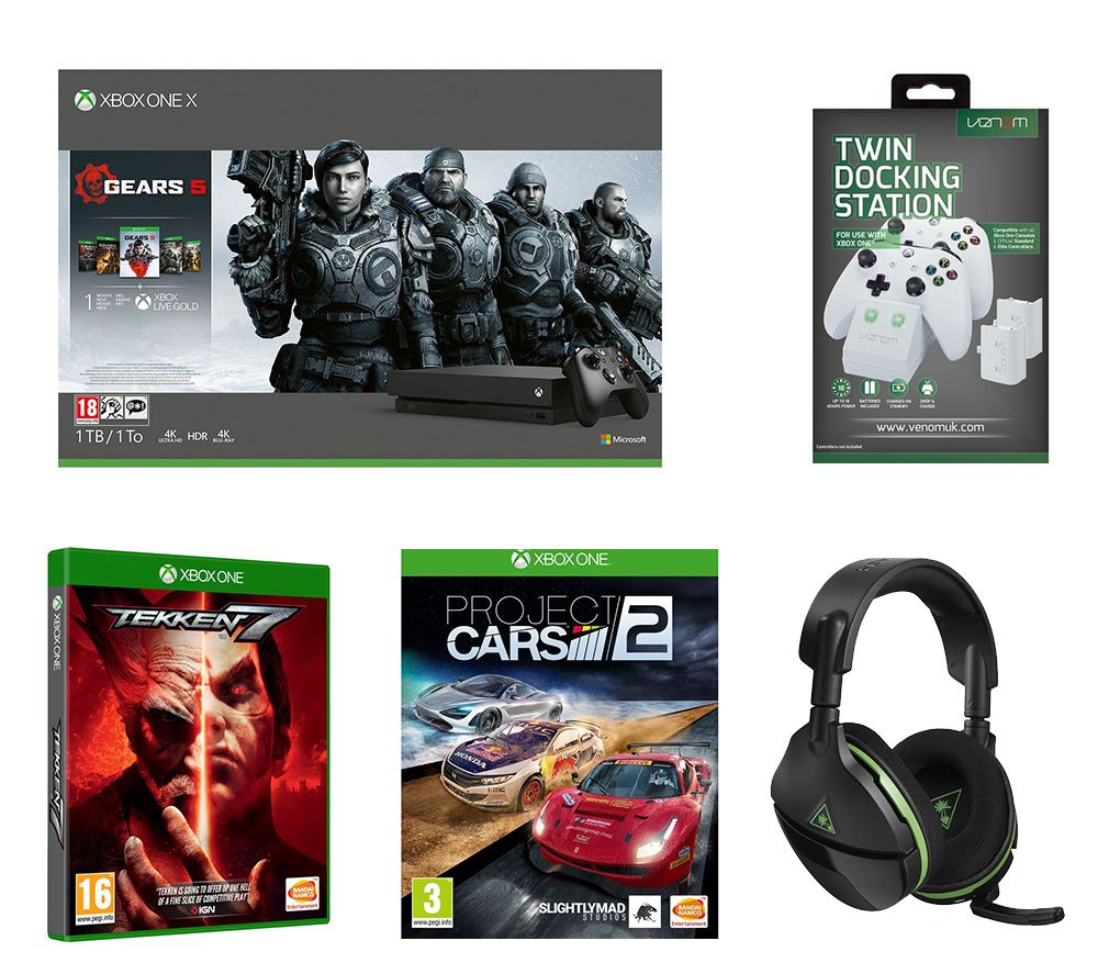 Microsoft Xbox One X with Gears 5, Tekken 7, Project Cars 2, Stealth 600 Headset & Twin Docking Station Bundle, Black