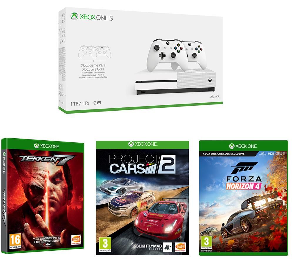 MICROSOFT Xbox One S with Dual Wireless Controllers, Forza Horizon 4, Tekken 7 & Project Cars 2 Bundle