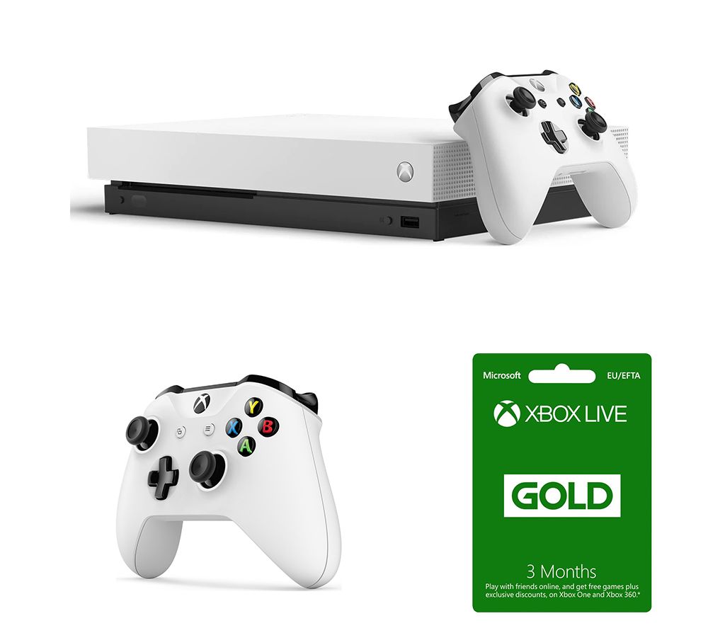 MICROSOFT Xbox One X, LIVE Gold Membership Subscription & Two Wireless Controllers Bundle, Gold