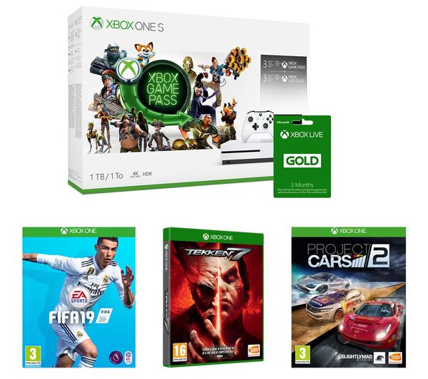 Xbox One S, Game Pass, Xbox Live Gold x 2, Tekken 7, FIFA 19 & Project Cars 2 Bundle - 1 TB, Gold