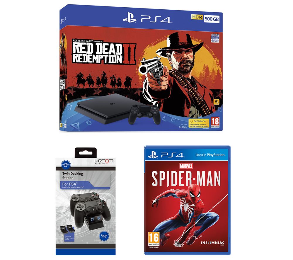 SONY PlayStation 4, Red Dead Redemption 2, Spider-Man & Twin Docking Station Bundle, Red