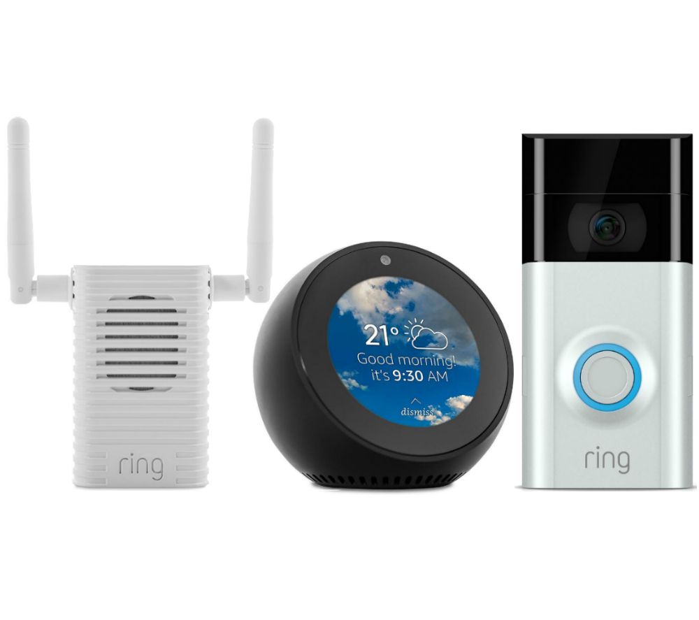 RING Video Doorbell 2, Chime Pro Wi-Fi Extender & Amazon Echo Spot Bundle - Black, Black
