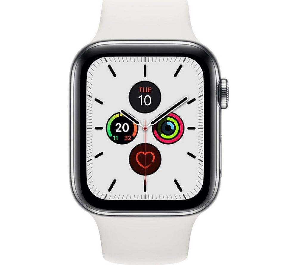 APPLE Watch Series 5 Cellular - Stainless Steel with White Sports Band, 44 mm, Stainless Steel