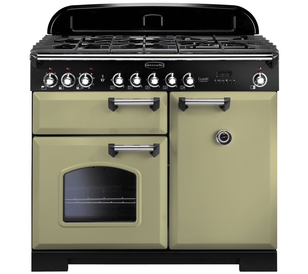 RANGEMASTER Classic Deluxe 100 Dual Fuel Range Cooker - Olive Green & Chrome, Olive