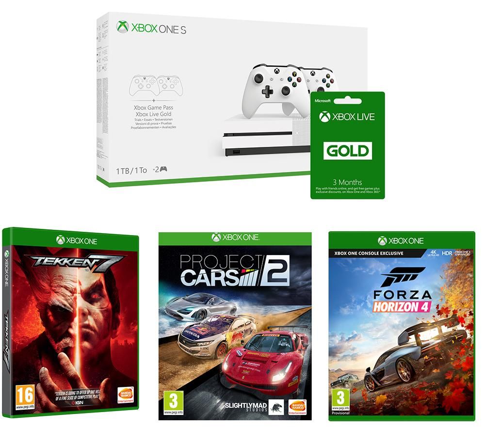 MICROSOFT Xbox One S with Dual Wireless Controllers, LIVE Membership, Forza Horizon 4, Tekken 7 & Project Cars 2 Bundle, Gold