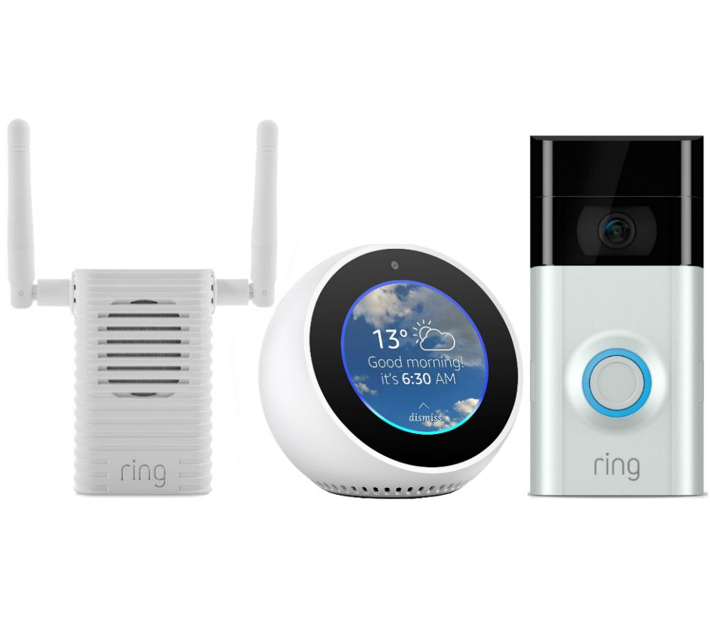 RING Video Doorbell 2, Chime Pro Wi-Fi Extender & Amazon Echo Spot Bundle - White, White