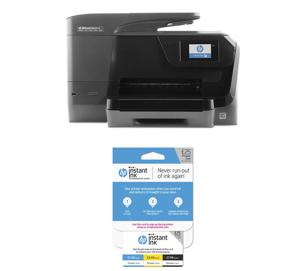 HP OfficeJet Pro 8715 All-in-One Wireless Inkjet Printer with Fax & Instant Ink £25 Prepaid Card Bundle, Black