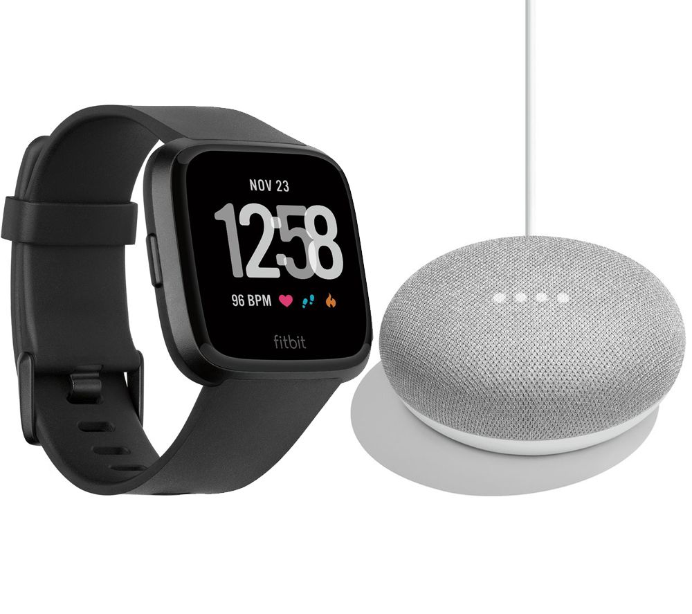 FITBIT Versa Black Aluminium & Google Home Mini Chalk Bundle, Black