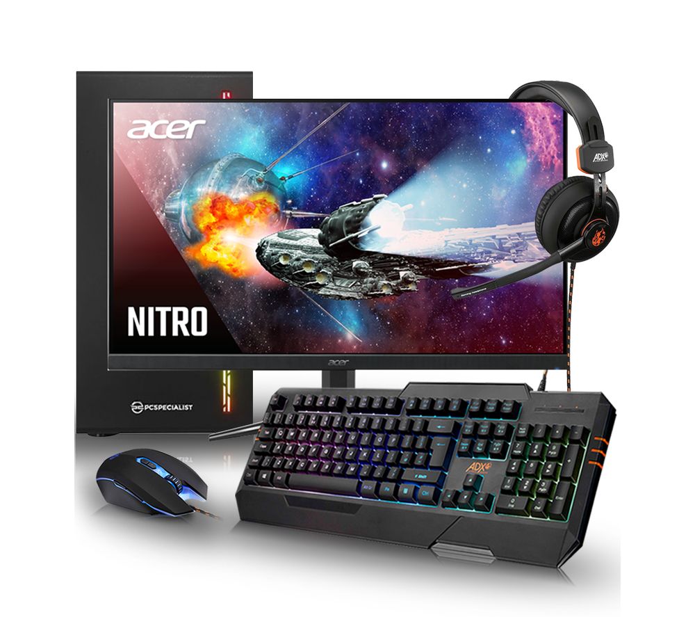 PC SPECIALIST Vortex AR Gaming PC, Acer Nitro 23.8" VA LCD Monitor, ADX Firestorm A01 Headset & ADX Keyboard & Mouse Bundle, Black