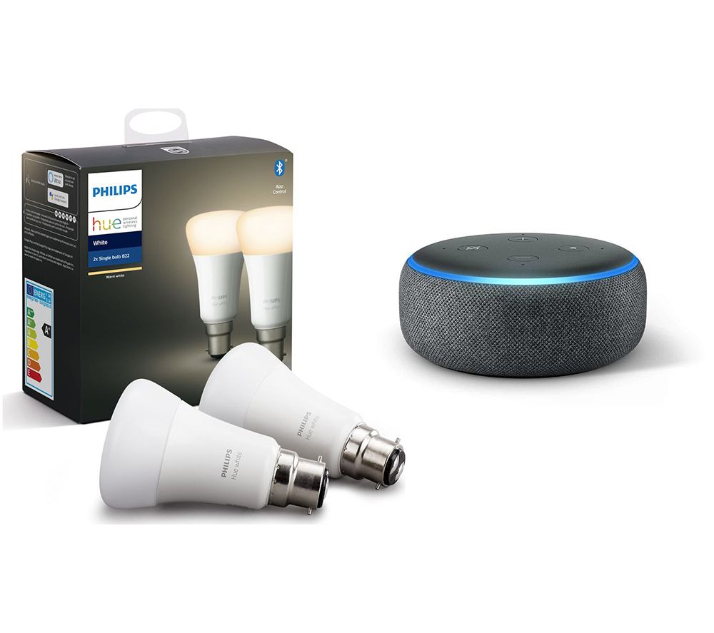PHILIPS HUE White Bluetooth LED B22 Bulb Twin Pack & Amazon Echo Dot (2018) - Charcoal, White