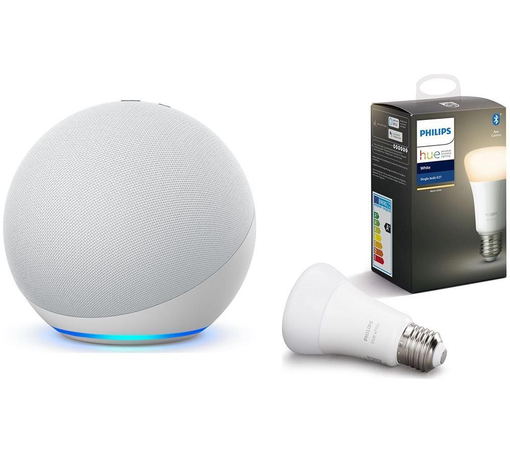 Philips Echo (4th Gen) & E27 White Bluetooth LED Bulb Bundle - Glacier White, White