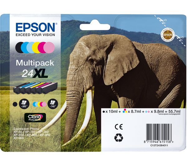 EPSON Elephant 24XL 5-colour Ink Cartridges - Multipack, Black,Yellow,Magenta,Cyan