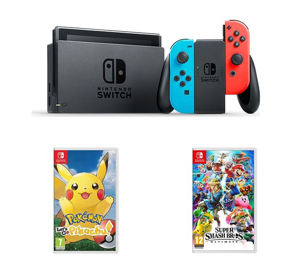 NINTENDO Switch, Super Smash Bros. Ultimate and Pokemon: Let's Go, Pikachu! Bundle, Neon