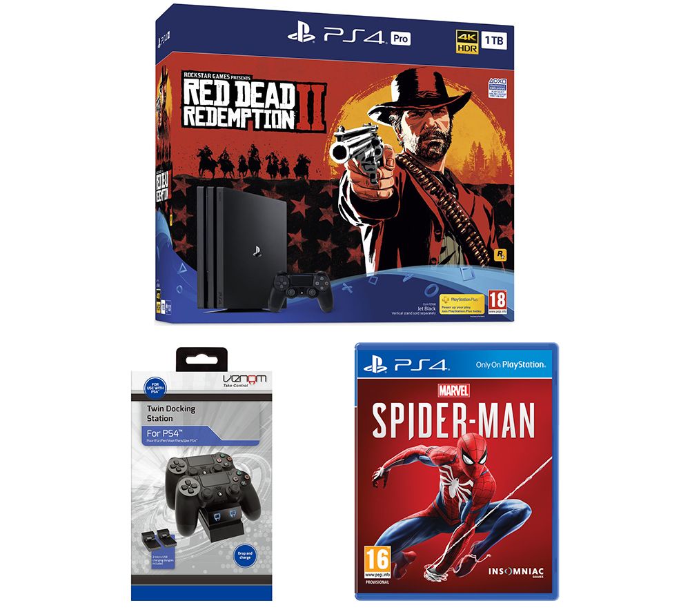 SONY PS4 Pro, Red Dead Redemption 2, Spider-Man & Twin Docking Station Bundle, Red