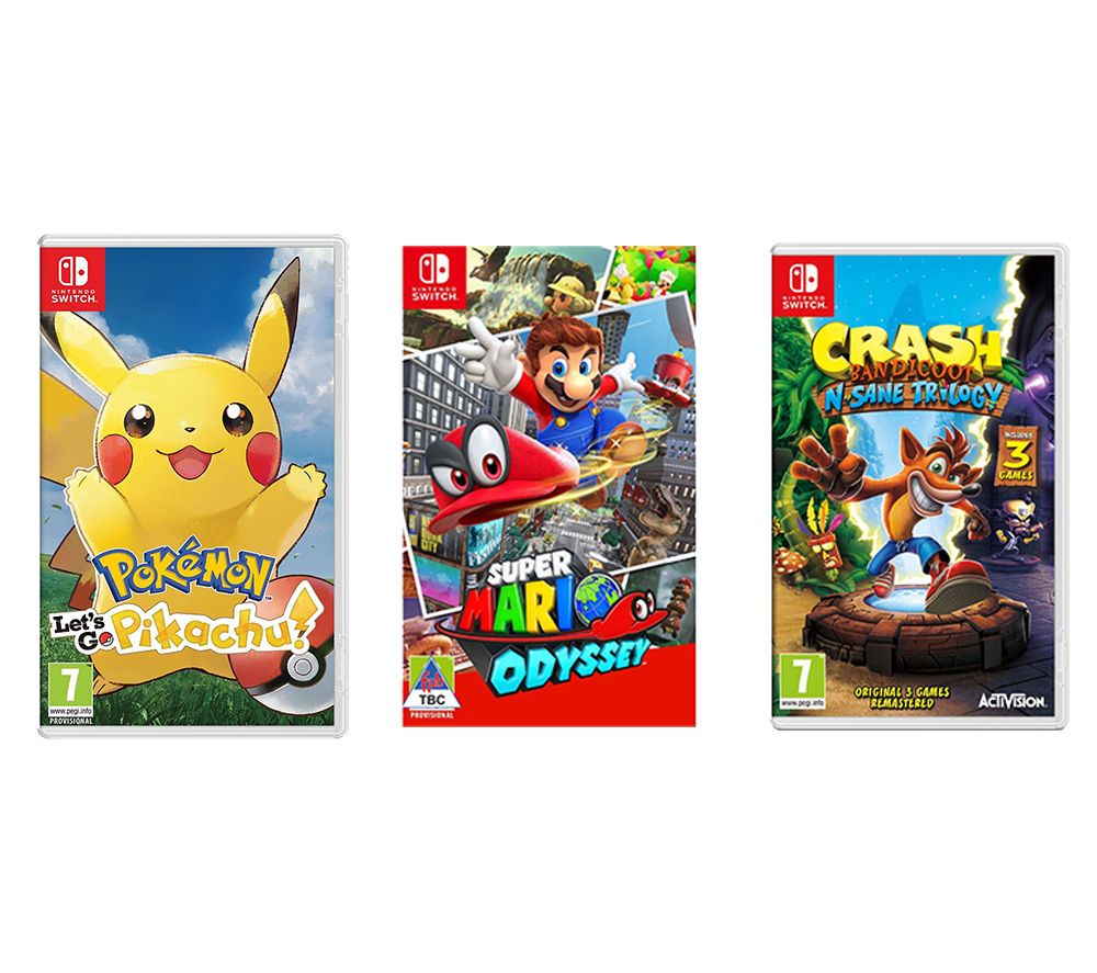 NINTENDO Pokemon: Let's Go, Pikachu!, Super Mario Odyssey & Crash Bandicoot N-Sane Trilogy Bundle