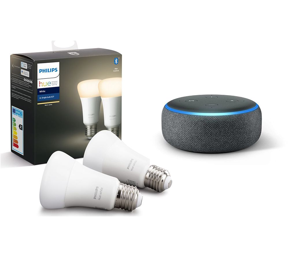 Philips Hue White Bluetooth LED E27 Bulb Twin Pack & Amazon Echo Dot (2018) - Charcoal