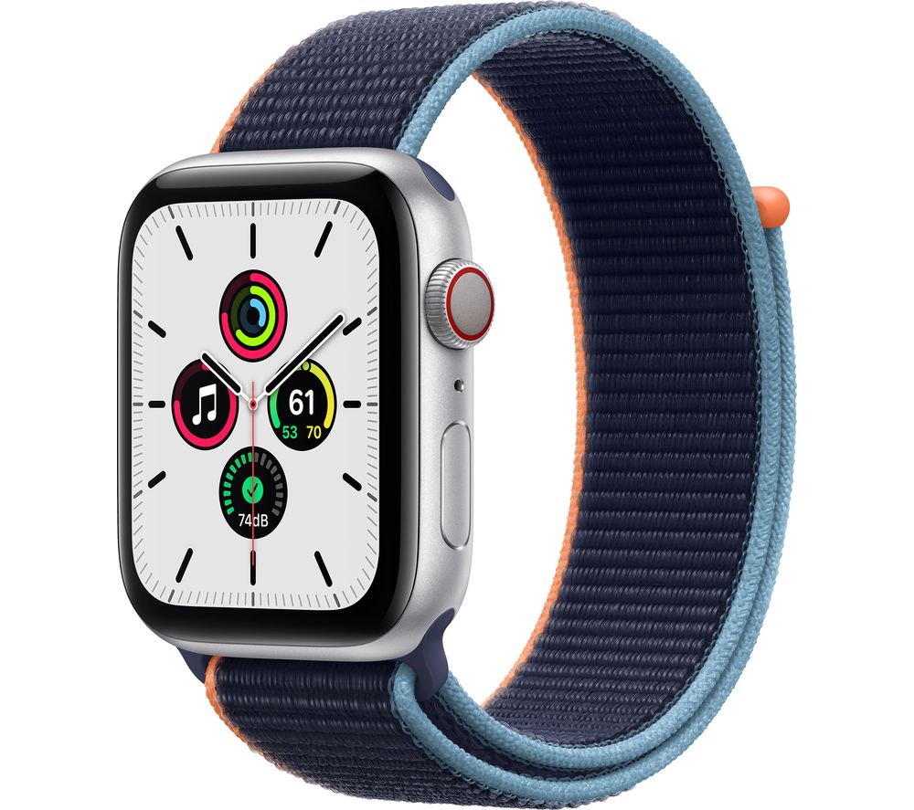 APPLE Watch SE Cellular - Silver Aluminium with Deep Navy Sports Loop, 44 mm