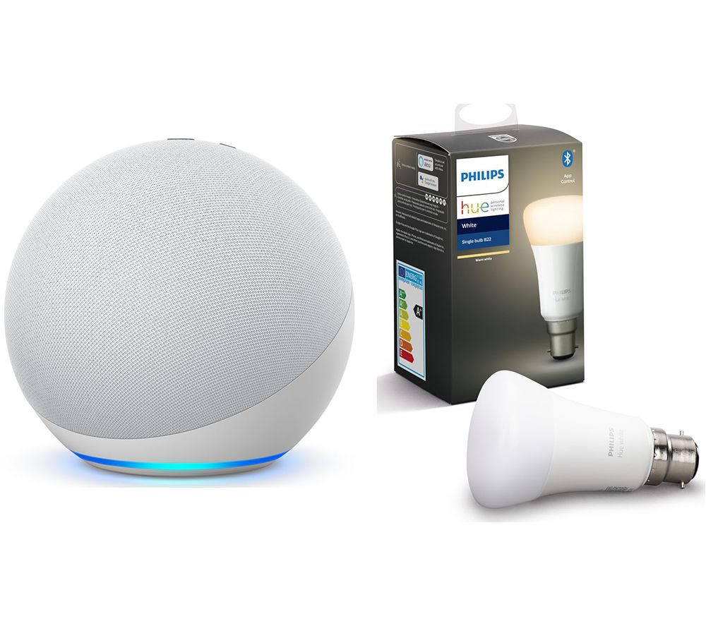 Philips Echo (4th Gen) & B22 Hue White Bluetooth LED Bulb Bundle - Glacier White, White