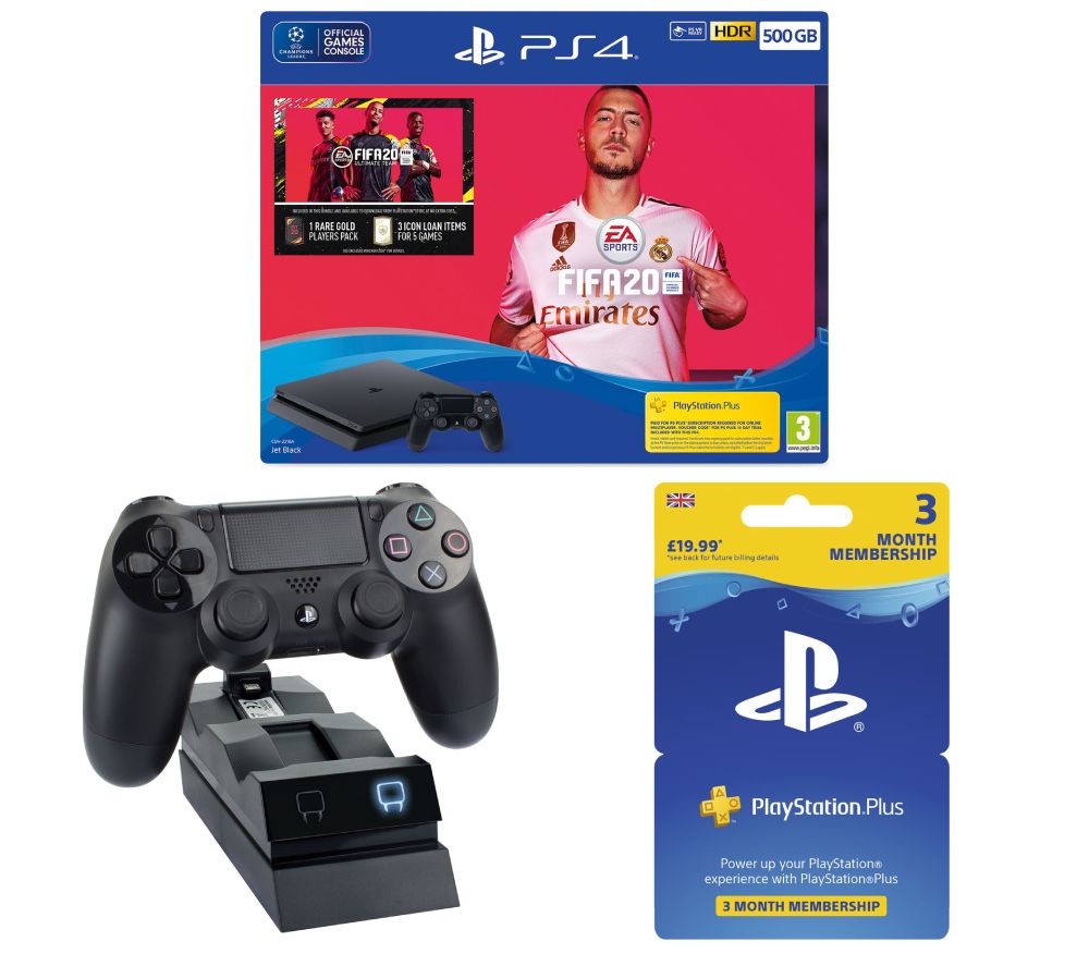 SONY PlayStation 4 with FIFA 20, Twin Docking Station & PlayStation Plus 3 Month Subscription Bundle, Red