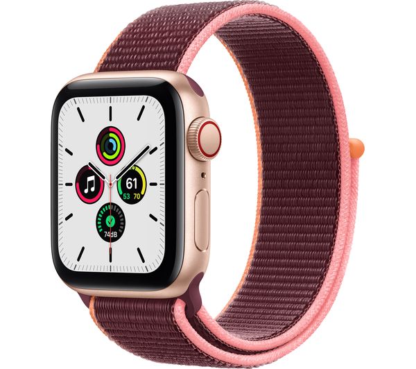 APPLE Watch SE Cellular - Gold Aluminium with Plum Sports Loop, 44 mm, Gold