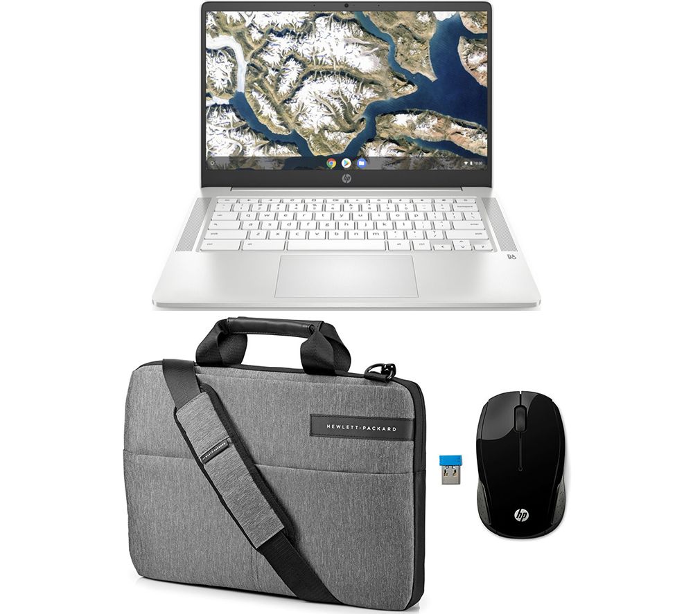 HP 14a 14" Chromebook, Messenger Bag & Wireless Mouse Bundle - Intel®Pentium Silver, 64 GB eMMC, White, Silver