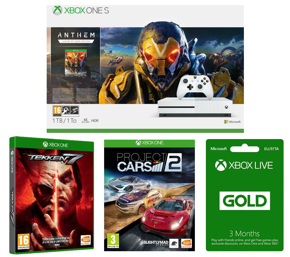 MICROSOFT Xbox One S, Anthem, Tekken 7, Project Cars 2 & 3 Months LIVE Gold Membership Bundle, Gold