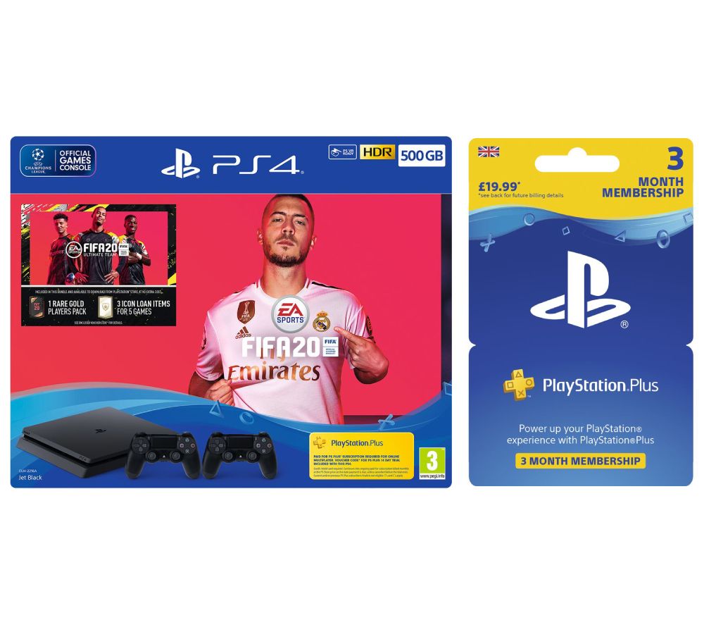 SONY Playstation 4 with FIFA 20, Two Wireless Controllers & Playstation Plus Bundle - 500 GB