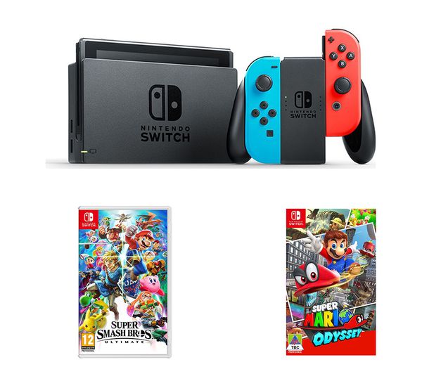 NINTENDO Switch, Super Smash Bros. Ultimate & Super Mario Odyssey Bundle, Neon