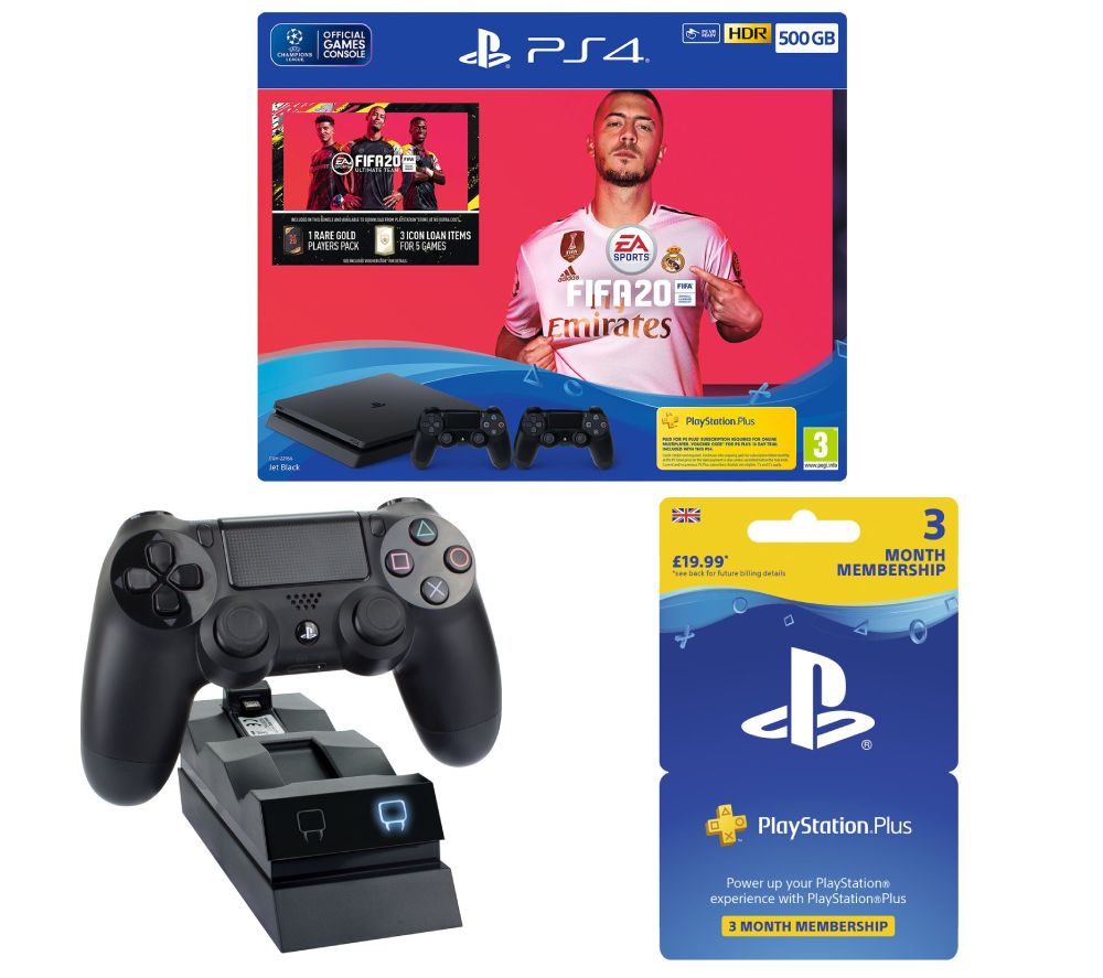 SONY Playstation 4 with FIFA 20, Two Wireless Controllers, Docking Station & Playstation Plus Bundle - 500 GB