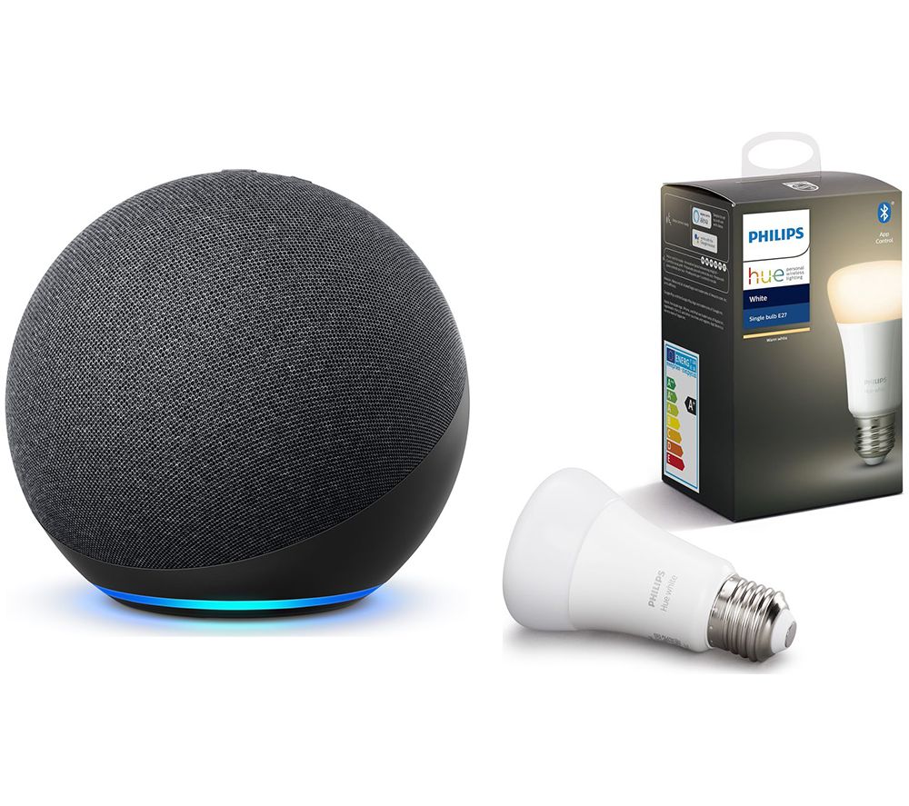 Philips Echo (4th Gen) & E27 White Bluetooth LED Bulb Bundle - Charcoal, Black