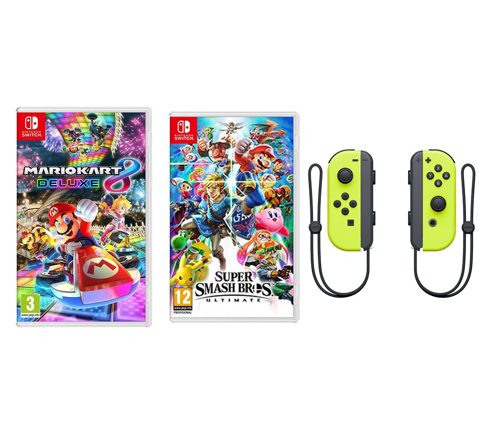 NINTENDO Mario Kart 8 Deluxe, Super Smash Bros. Ultimate & Switch Joy-Con Wireless Controllers Bundle - Yellow, Yellow