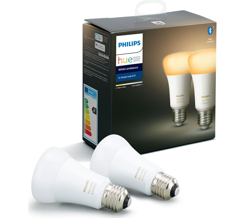 PHILIPS HUE Hue White Ambiance Bluetooth LED Bulb - E27, Twin Pack, White