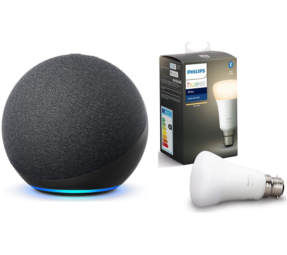 Philips Echo (4th Gen) & B22 Hue White Bluetooth LED Bulb Bundle - Charcoal, Black