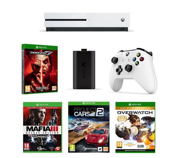MICROSOFT Xbox One 1 TB, Tekken 7, Mafia III, Overwatch, Project Cars 2, Wireless Controller & Charging Kit Bundle, White