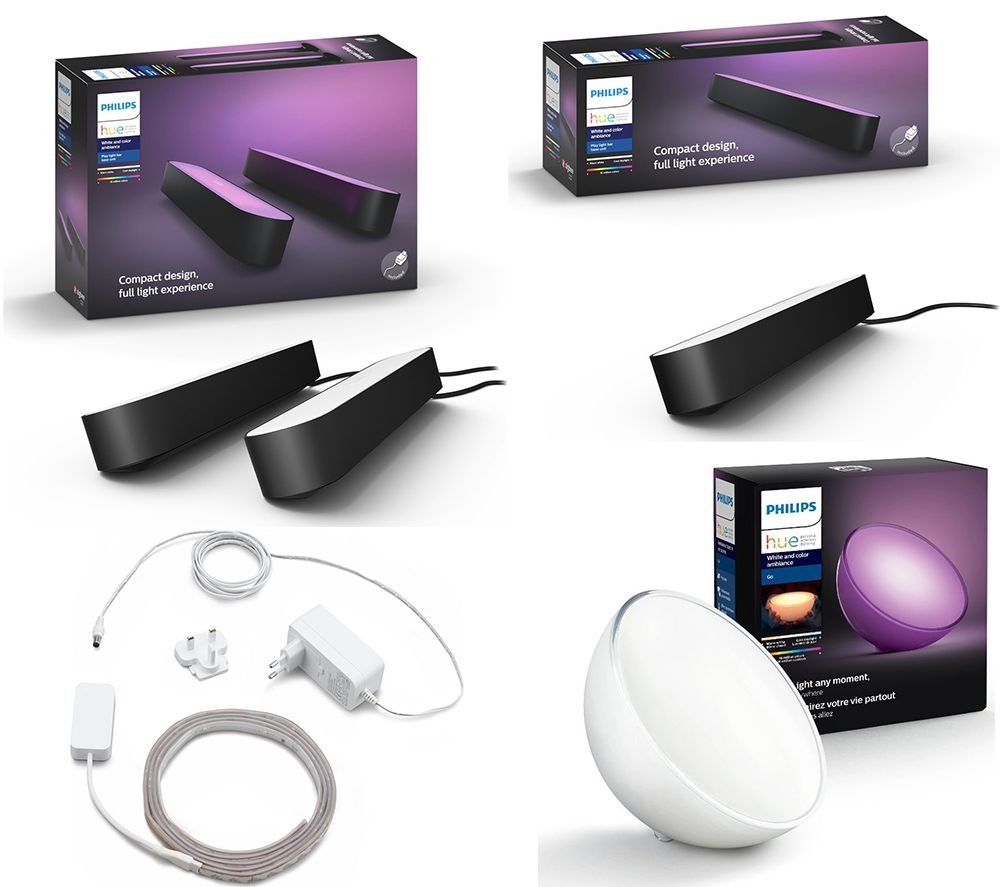 PHILIPS Hue Play Light Bar Triple Pack, White & Colour Ambiance Table Lamp & Smart LightStrip Plus Starter Kit Bundle, White