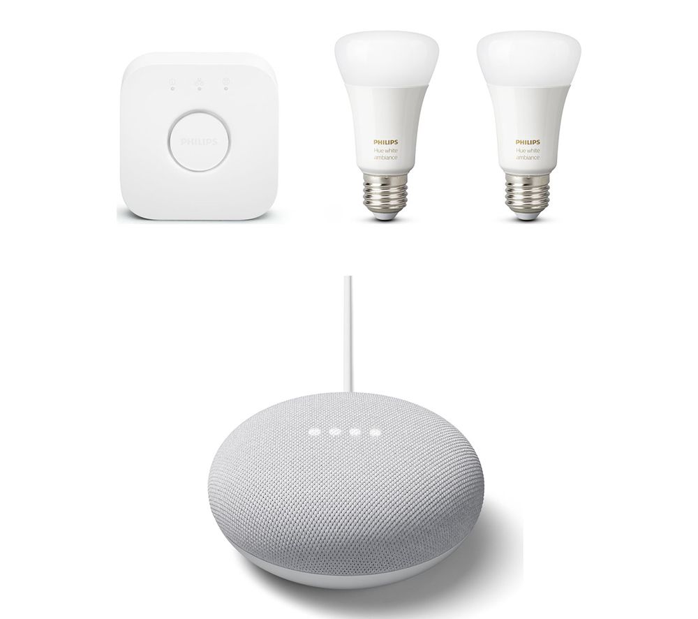 PHILIPS HUE White and Colour E27 Smart Bulb Starter Kit & Google Chalk Nest Mini (2nd Gen) Bundle, White