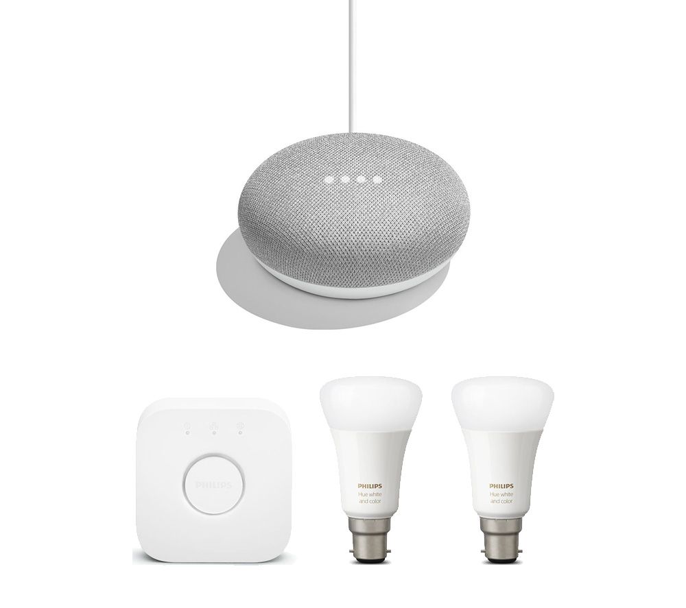 PHILIPS Hue White and Colour Ambiance Mini Smart Bulb B22 Starter Kit & Google Home Mini Chalk Bundle, White