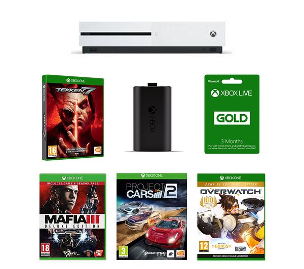 MICROSOFT Xbox One 1 TB, Tekken 7, Mafia III, Overwatch, Project Cars 2, LIVE Gold Membership & Charging Kit Bundle, Gold