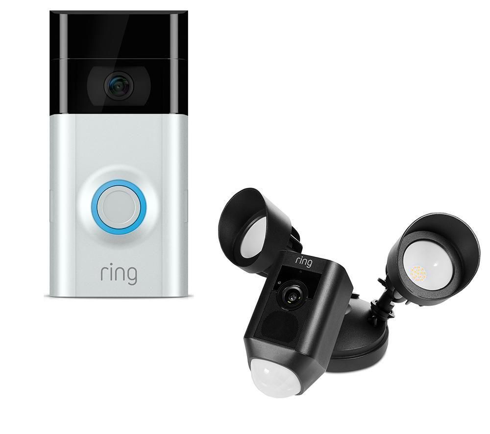 RING LIGHT Floodlight Cam & Video Doorbell 2 Bundle - Black & Silver, Black