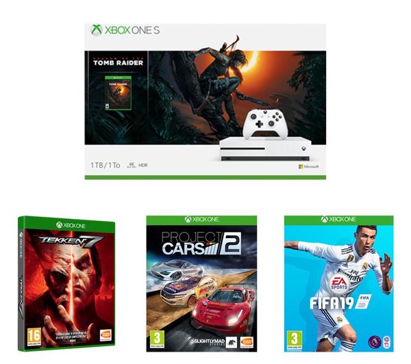 Xbox One S with Shadow of the Tomb Raider, FIFA 19, Tekken 7, & Project Cars 2 Bundle