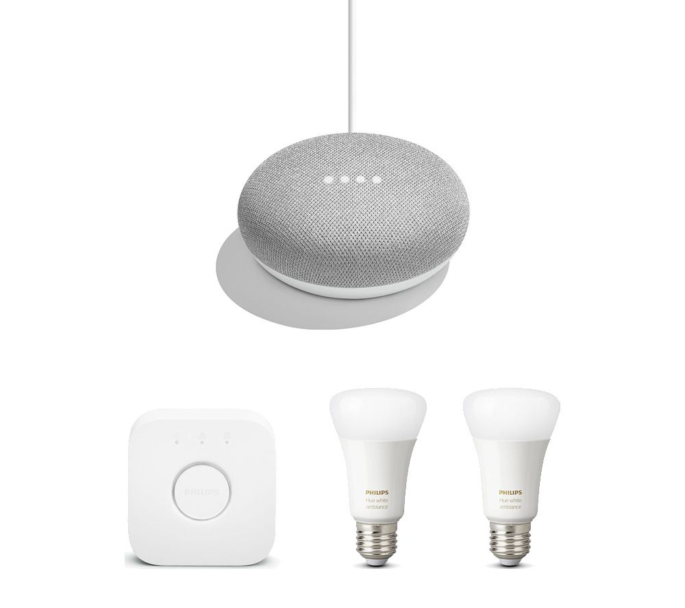 PHILIPS Hue White and Colour Ambiance Mini Smart Bulb E27 Starter Kit & Google Home Mini Chalk Bundle, White