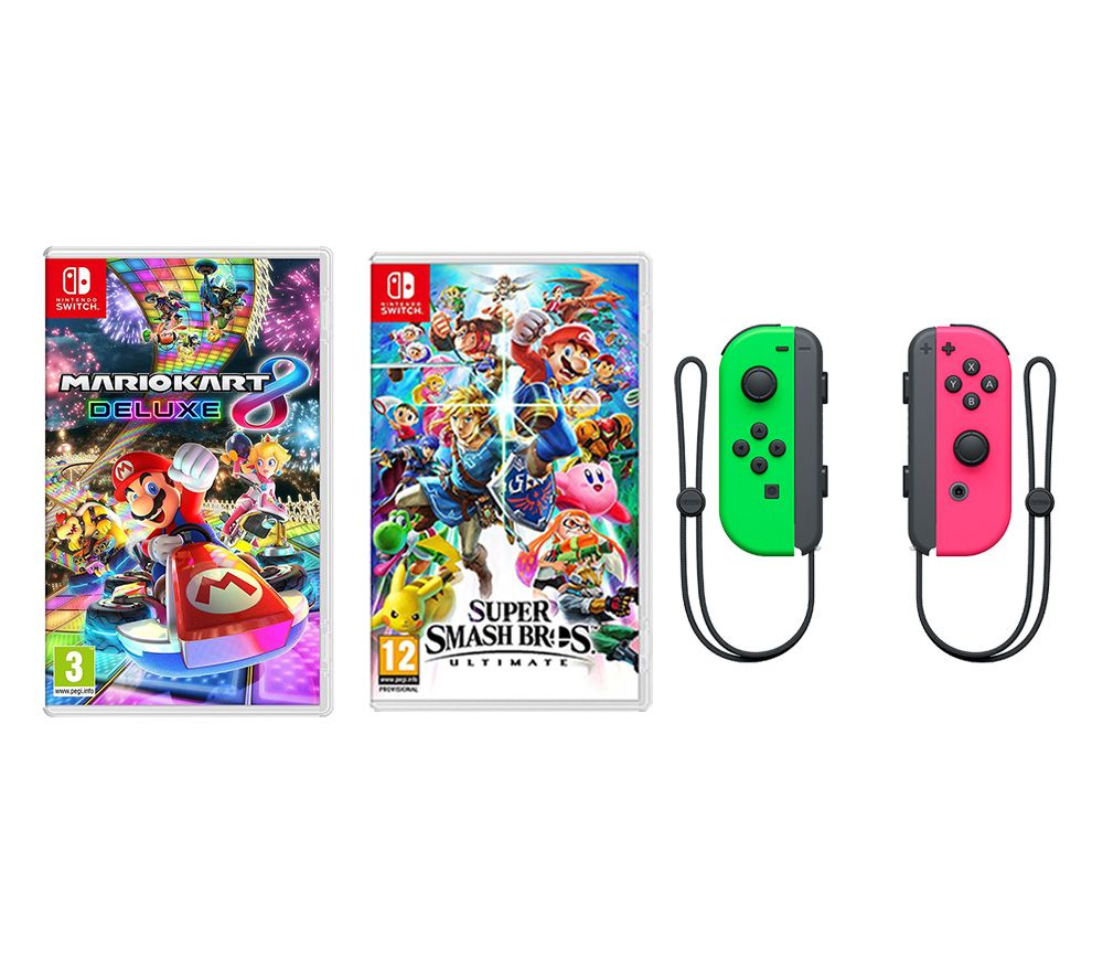 NINTENDO Switch Joy-Con Wireless Controllers, Mario 8 Deluxe & Super Smash Bros. Ultimate Bundle, Red