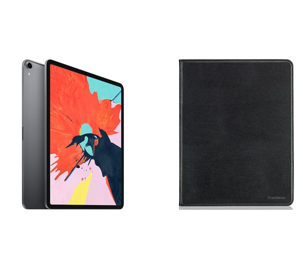 APPLE 12.9" iPad Pro (2018) & Black Leather Folio Case Bundle - 64 GB, Space Grey, Black