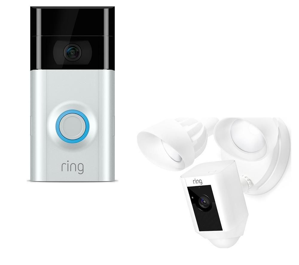 RING LIGHT Floodlight Cam & Video Doorbell 2 Bundle - White & Silver, White