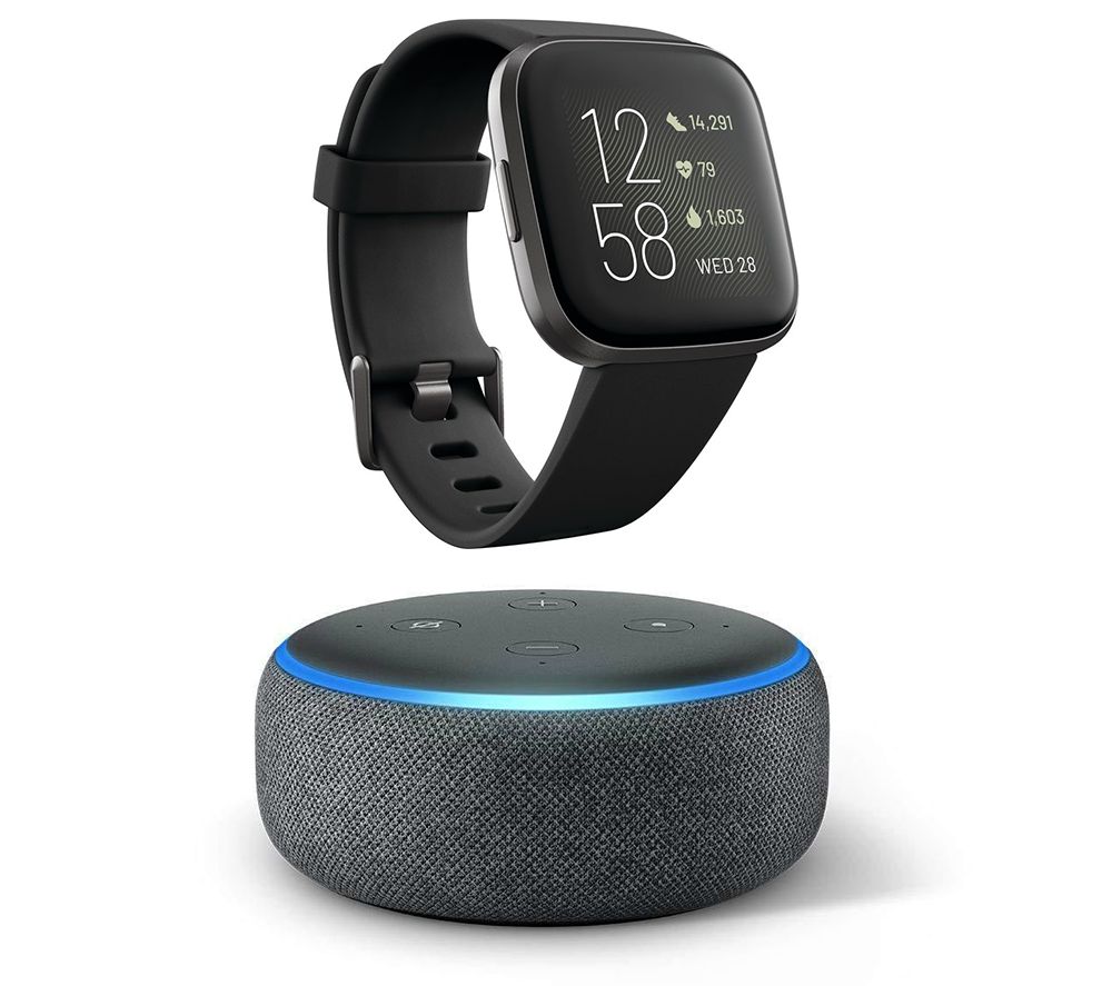 FITBIT Versa 2 with Amazon Alexa & Echo Dot (2018) Charcoal Bundle - Black & Aluminium, Charcoal