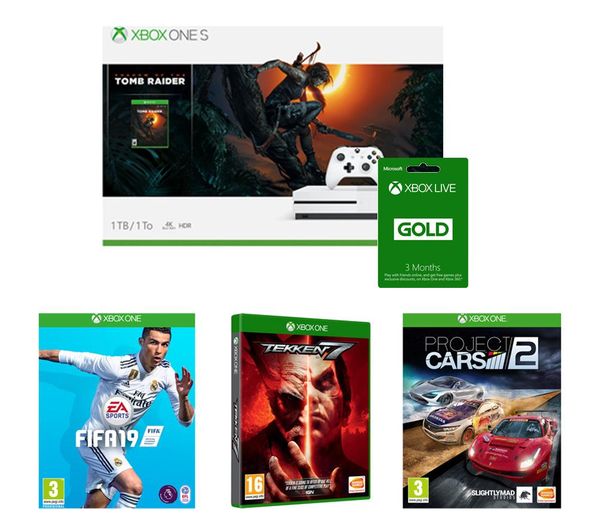 Xbox One S, Shadow of the Tomb Raider, Project Cars 2, FIFA 19, Tekken 7 & Xbox LIVE Gold Bundle, Gold