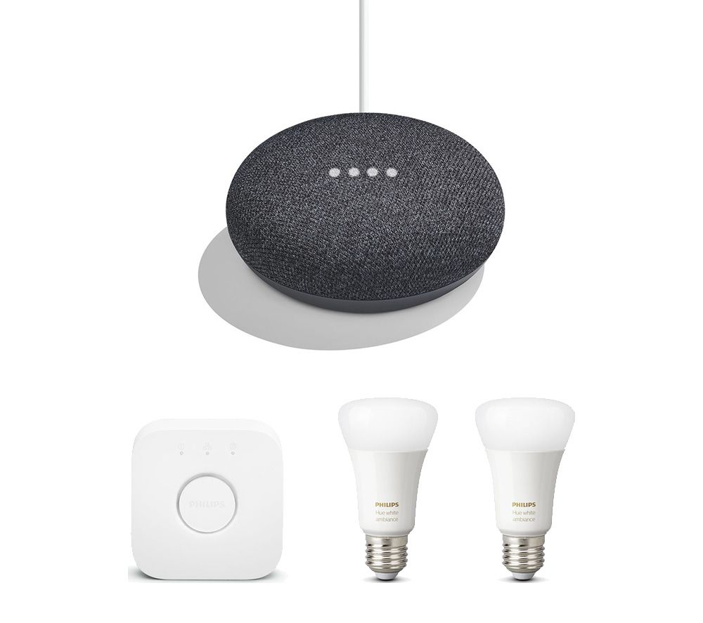 PHILIPS Hue White and Colour Mini Smart Bulb E27 Starter Kit with Google Home Mini Charcoal Bundle, White